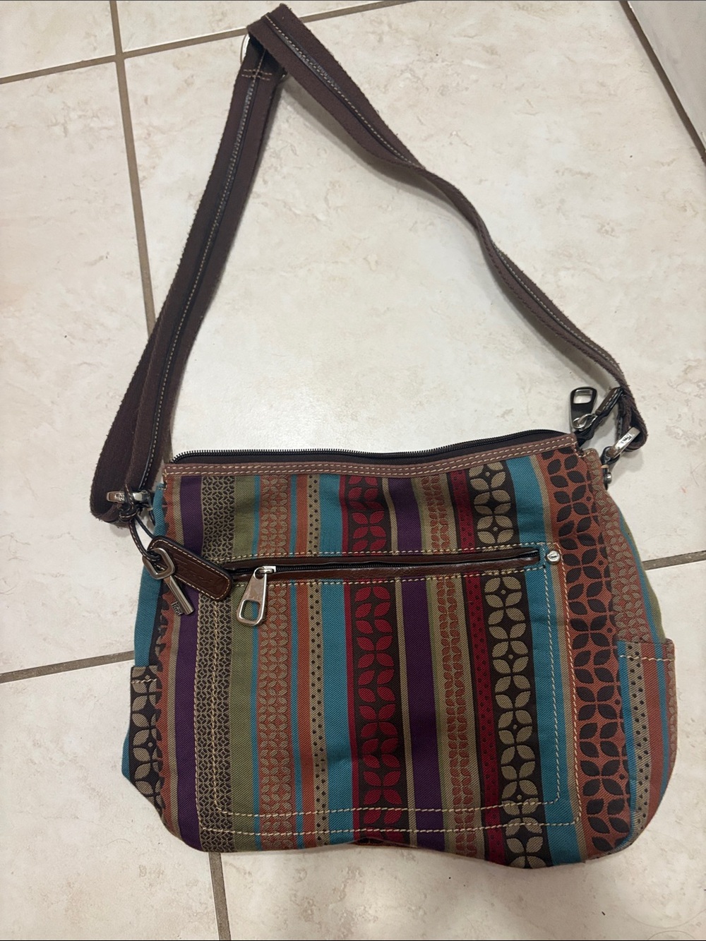 Fossil Multicolor Striped Crossbody Bag with Brown Strap